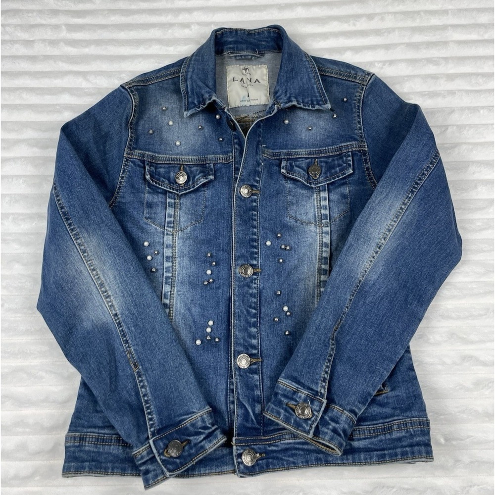 LANA New York Womens Pearl Silver Studs Casual Denim Button Up Jacket Size Large